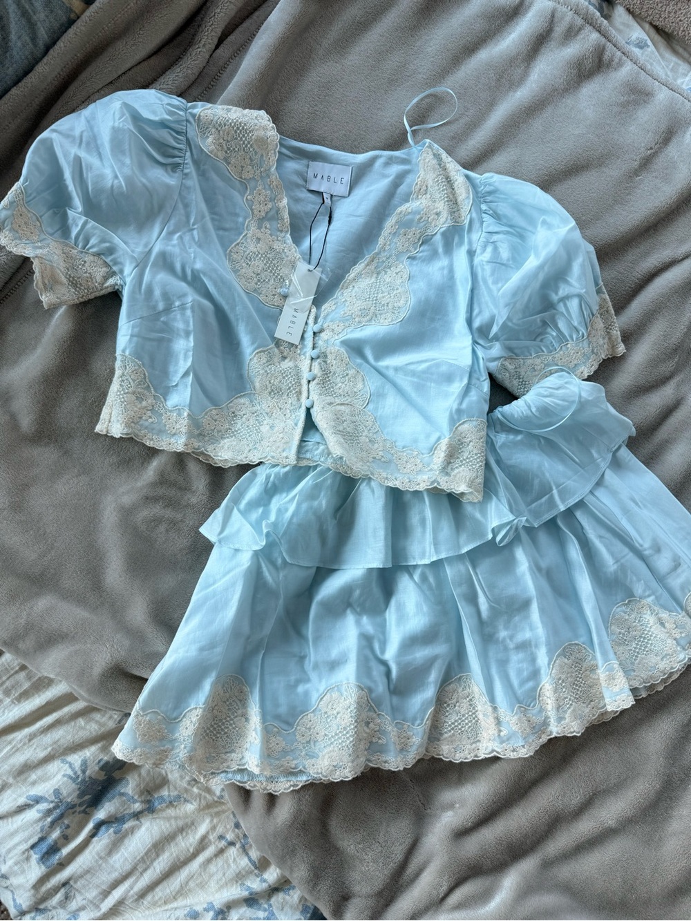Light Blue Lace-Trim 2-Piece Set with Puff Sleeves